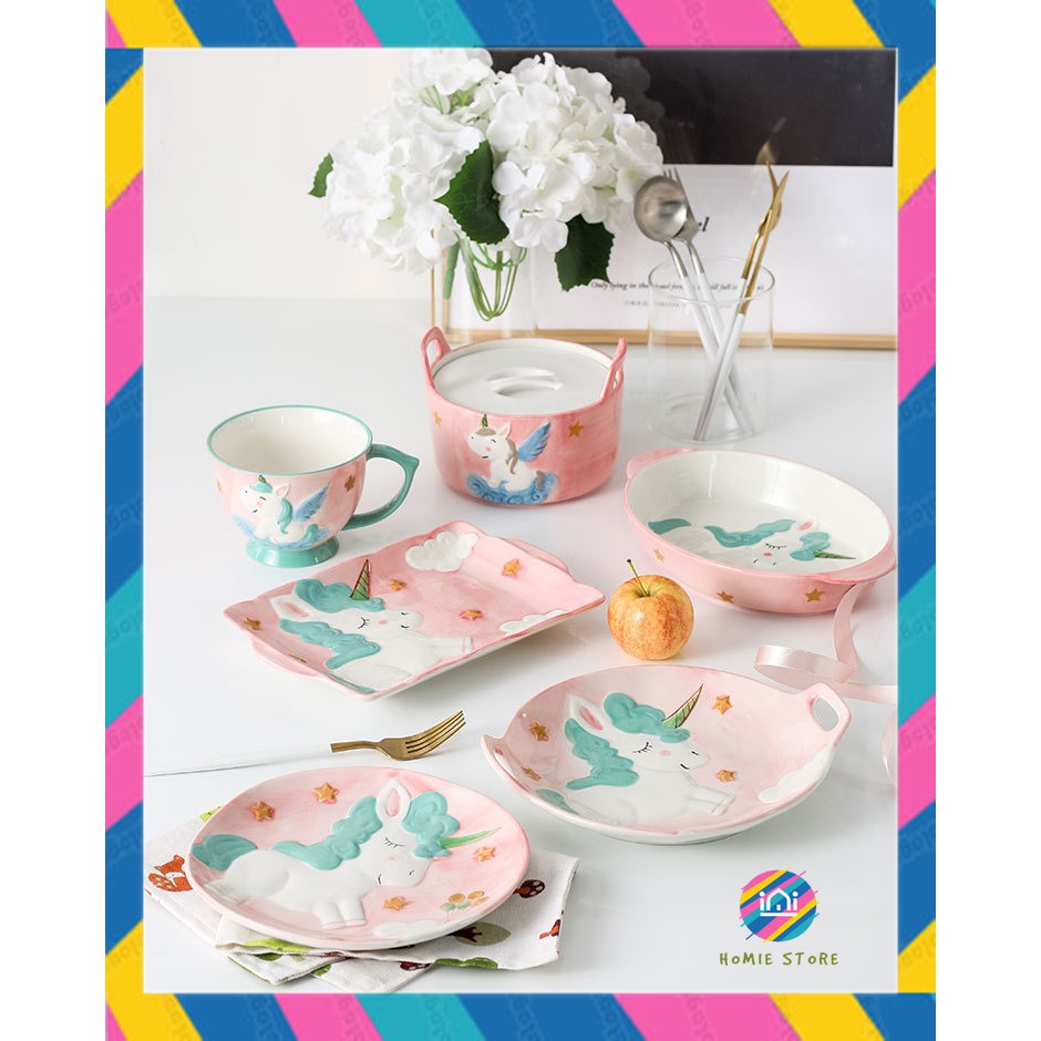 [Mã ICB1219 giảm 25% đơn 50K] [HS03-1] Bộ Bát Đĩa Chén Thìa Đẹp Cho Bé Hoạt Hình Kỳ Lân Hồng Unicorn dễ thương (set)