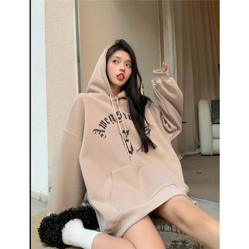 Áo khoác có mũ trùm đầu dài tay dáng rộng phong cách Mỹ thời trang dành cho nữ