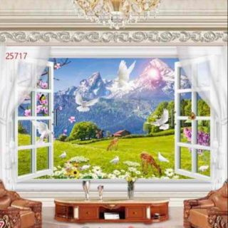 Tranh 3D dán tường phòng khách cửa sổ phong cảnh
