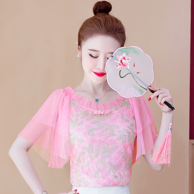 Áo Kiểu Tay Ngắn Phối Lưới Thêu Hoạ Tiết Xinh Xắn Dành Cho Nữ Size S-2Xl 2021