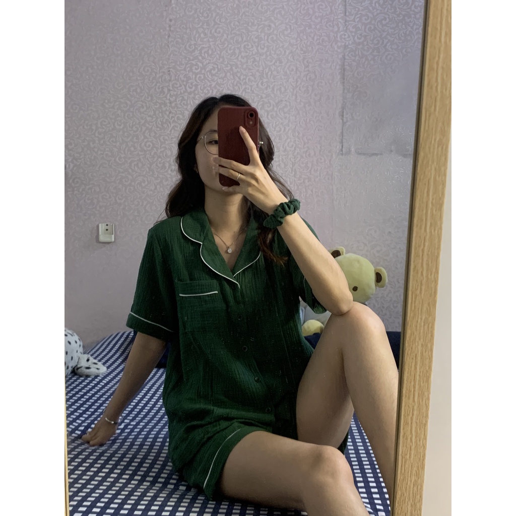 Pyjama xô muslin màu xanh lá siêu dễ thương