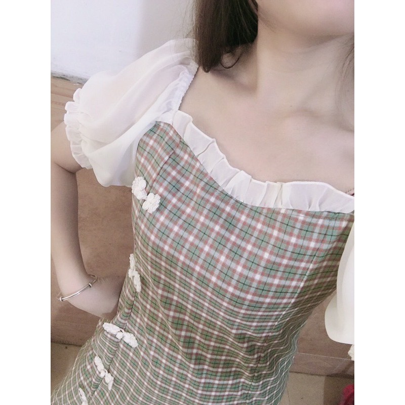 ♥️Đầm,Váy Sườn Xám Kẻ Caro Trễ VaiSize S->2XL