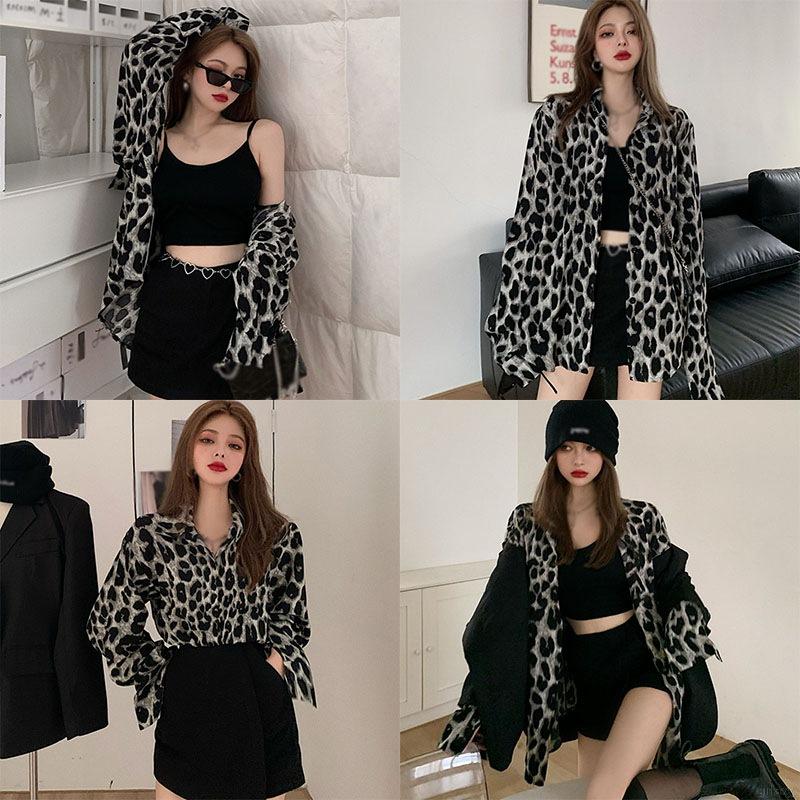 Áo Sơ Mi Tay Dài Hoạ Tiết Da Báo Phong Cách Sành Điệu Thời Trang