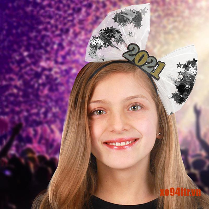 XOITR  Happy New Year Bow Headband 2021 Party Decor Photo Props Hair Hoop Accessor