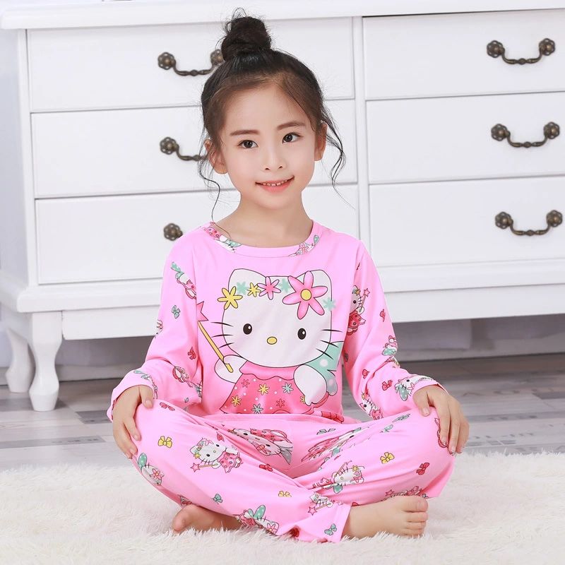 Mới Bộ Đồ Ngủ Tay Dài Cổ Tròn In Hình Mèo Hello Kitty Dễ Thương Cho Bé Gái