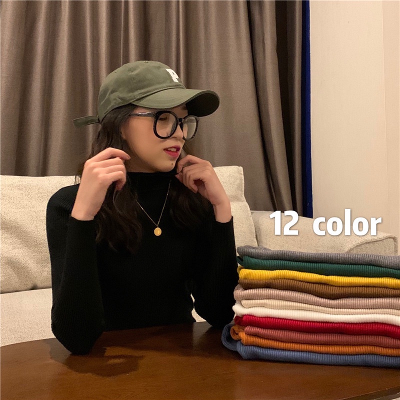 12 Màu Có Sẵn | Áo sweater Tay Dài Cổ Cao Màu Sắc Đơn Giản Cho Nữ