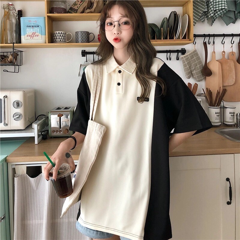 Áo polo tay lỡ, áo thun cổ bẻ phối màu form thụng kiểu dáng Unisex phong cách Ulzzang