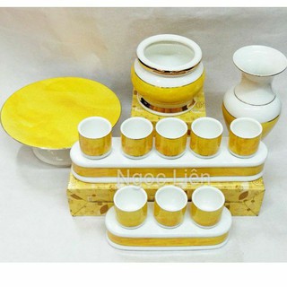 Set Bộ đồ thờ cúng vân đá vàng cho bàn thờ ngang 60cm trở lên