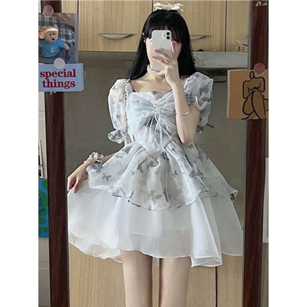 Váy babydoll tay phông Đầm váy xinh váy tiểu thư  Tay Ngắn Phối Lưới Nhuộm Màu Thời Trang Mùa Hè Mới 2022