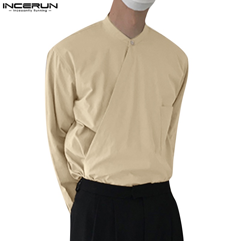 Áo sơ mi INCERUN dài tay cổ chữ V vạt bất đối xứng thời trang cho nam
