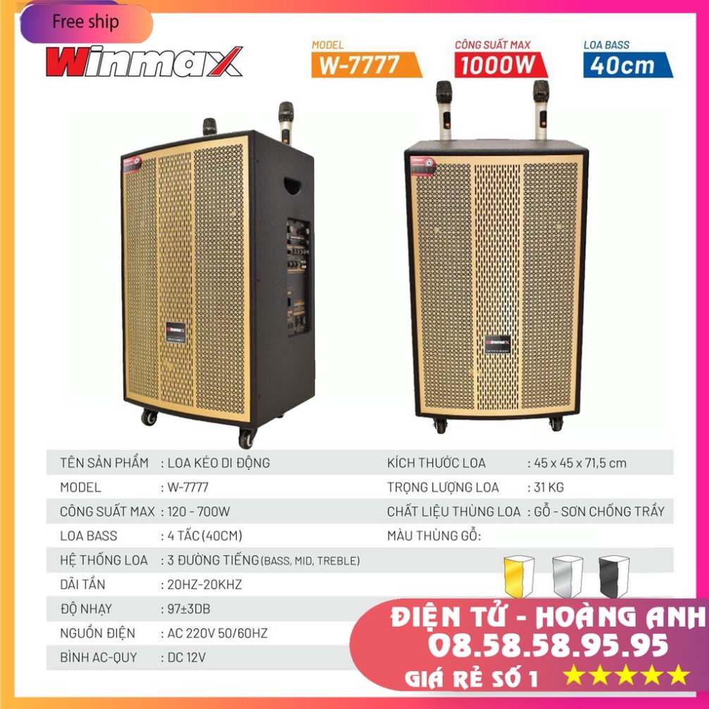 Loa kéo di động Winmax-W7777 công xuất 1000W Bass 4 tấc Vỏ gỗ chắc hát karaoke cực hay với đôi mic xịn hút giọng cực tốt