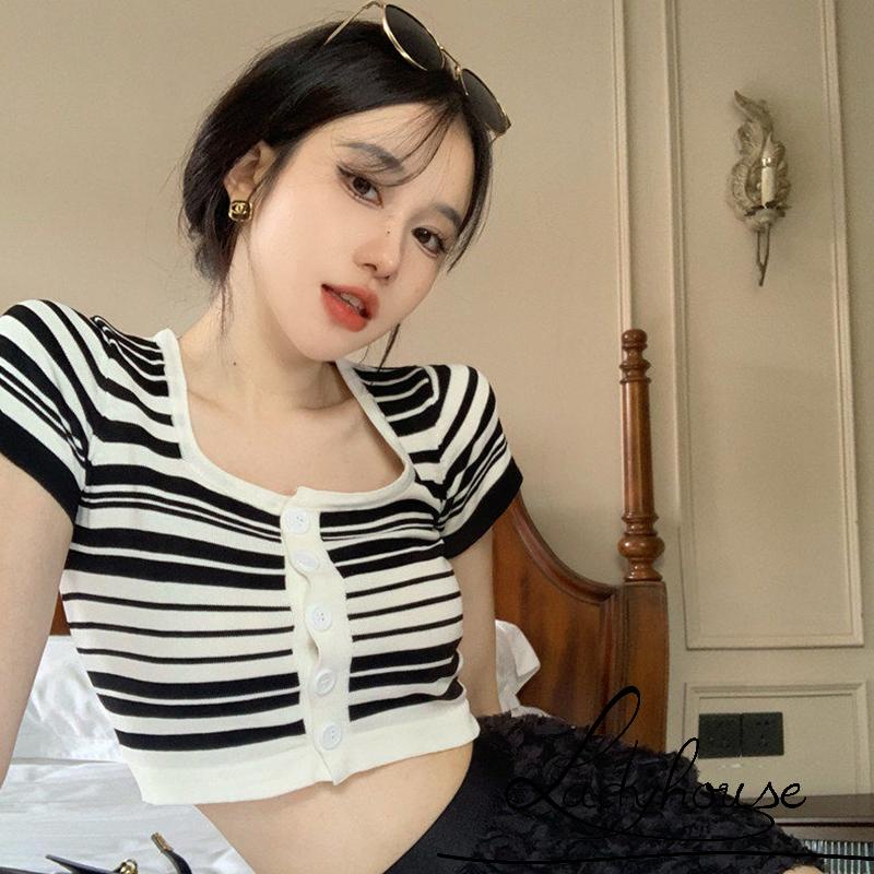 Áo Thun Dệt Kim Ngắn Tay Cổ Vuông Hai Màu Sắc Dành Cho Nữ