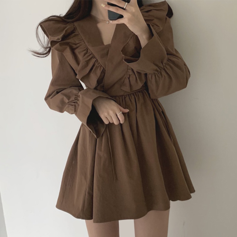 Đầm dài tay cổ chữ v thiết kế mới thời trang mùa thu theo phong cách retro