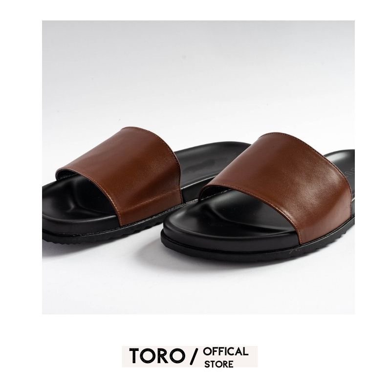 Dép nam , dép da nam quai ngang da bò cao cấp Toro màu nâu - bảo hành 6 tháng N08