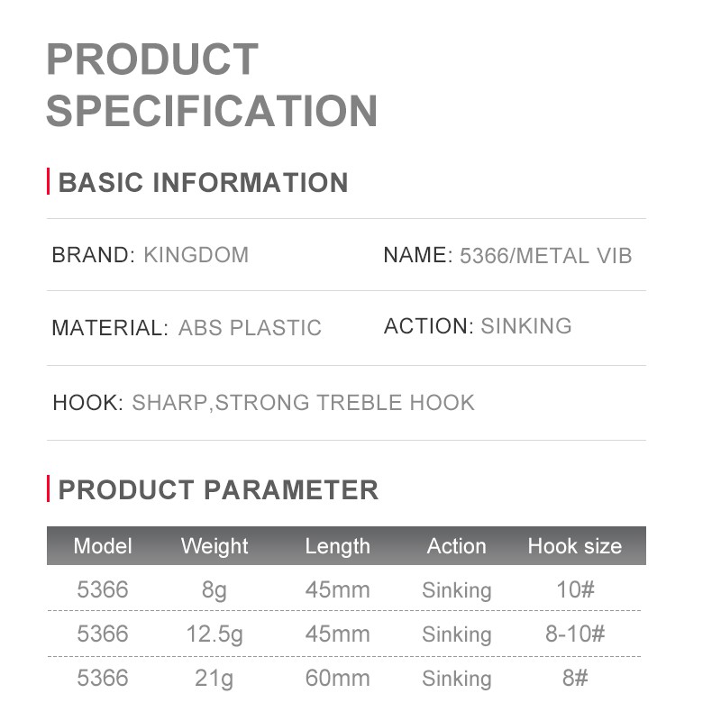 Mồi Câu Cá Giả Kingdom Cứng Loại Chìm Có Độ Rung 45mm 8g/45mm 12.5g/60mm 21g