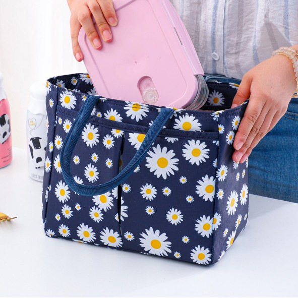 (CÓ CLIP) Túi đựng cơm giữ nhiệt nóng / lạnh CỠ ĐẠI CÓ NHIỀU NGĂN hoạ tiết cúc Daisy (size 24x14x20 cm)
