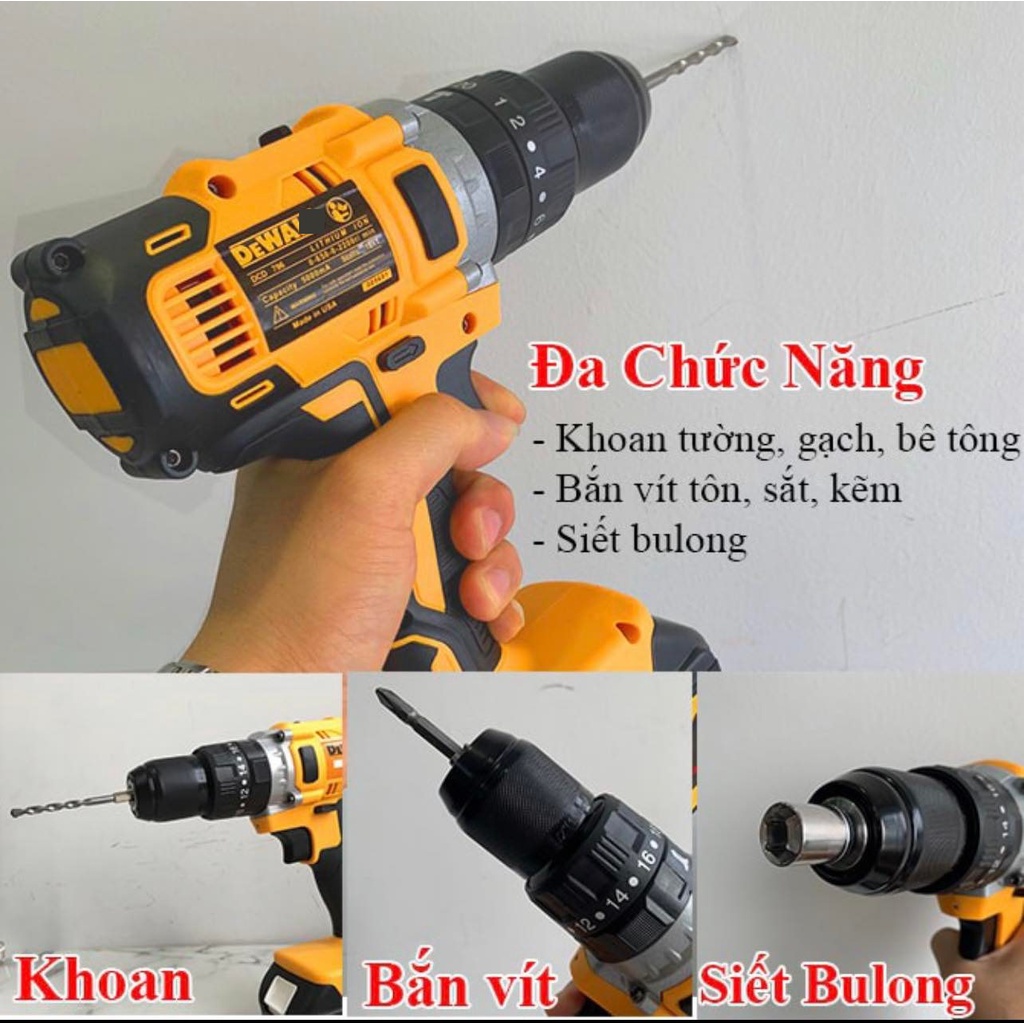 Máy Khoan Pin DeWal 3 Chức Năng có Búa Motor 775 Đầu Khoan 13mm Autolock