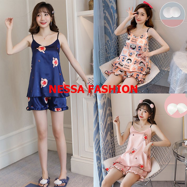 Bộ Đồ Ngủ Nữ Quần Áo Hai Dây Có Mút Ngực Mùa Hè Lụa  Cộc Tay Mặc Ở Nhà Dáng Hàn Quốc Sexy Xinh BĐN21 | BigBuy360 - bigbuy360.vn
