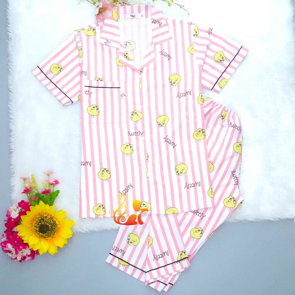 Đồ Bộ Mặc Nhà &quot;Vịt Sọc&quot; Pijama Quần Lửng Kate Thái - Dưới 68kg.