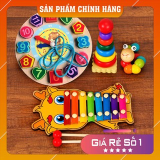 𝓢𝓱𝓸𝓹 𝓤𝔂 𝓣𝓲́𝓷- Combo 4 món: 1 Đàn gỗ Xylophone hình thú; 1 Đồng hồ gỗ; 1 Sâu gỗ; 1 Tháp xếp cầu vồng