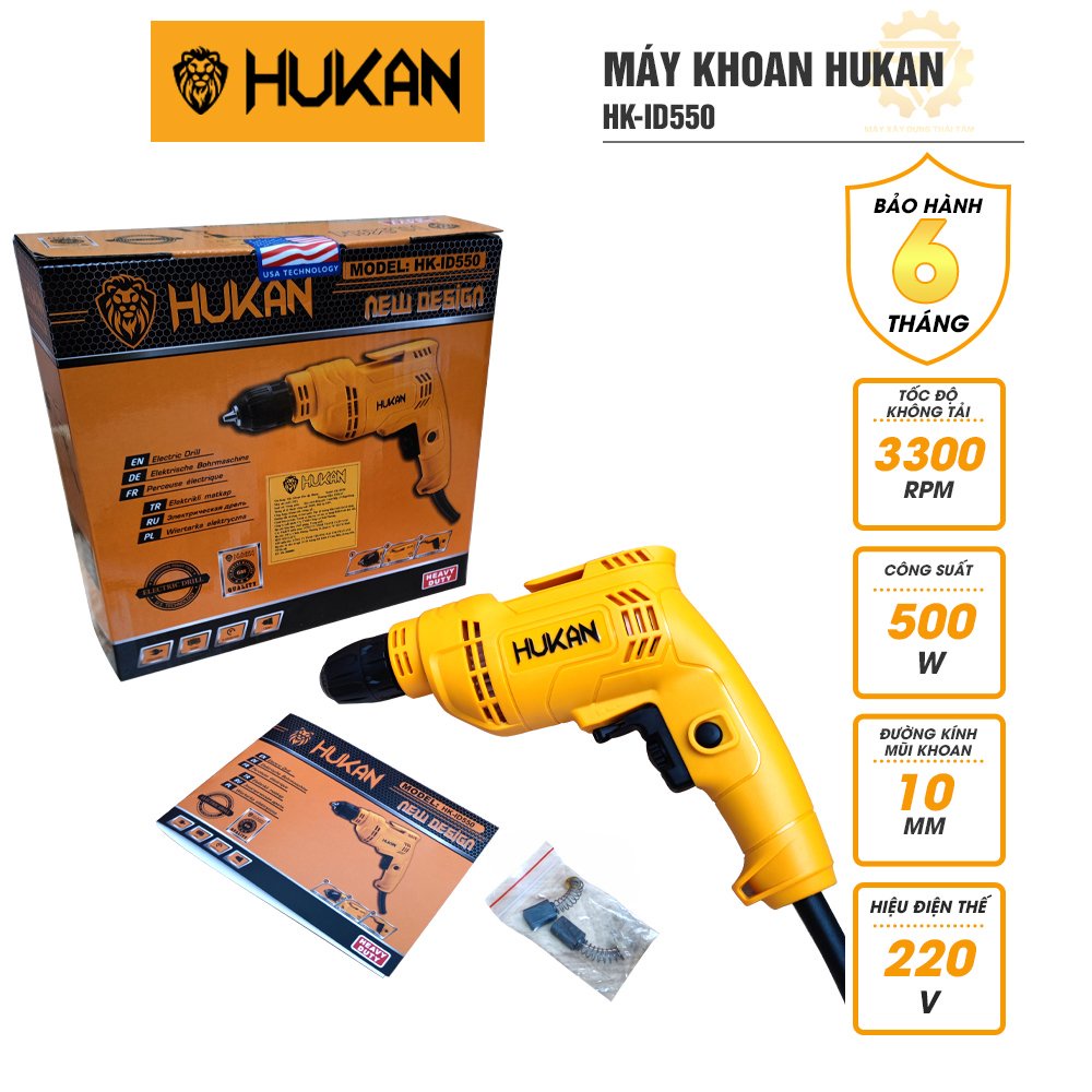 Máy khoan điện 10 ly HUKAN HK-ID550 cầm tay lõi đồng có đảo chiều, điều chỉnh tốc độ