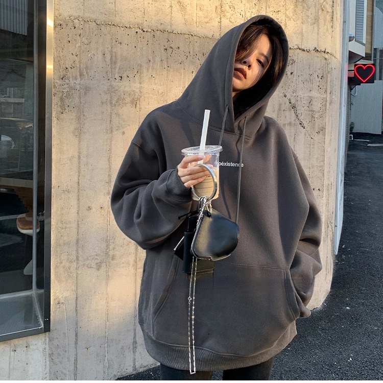 Porozi  Áo hoodie tay dài dáng rộng in chữ phong cách Hàn Quốc cho nữ