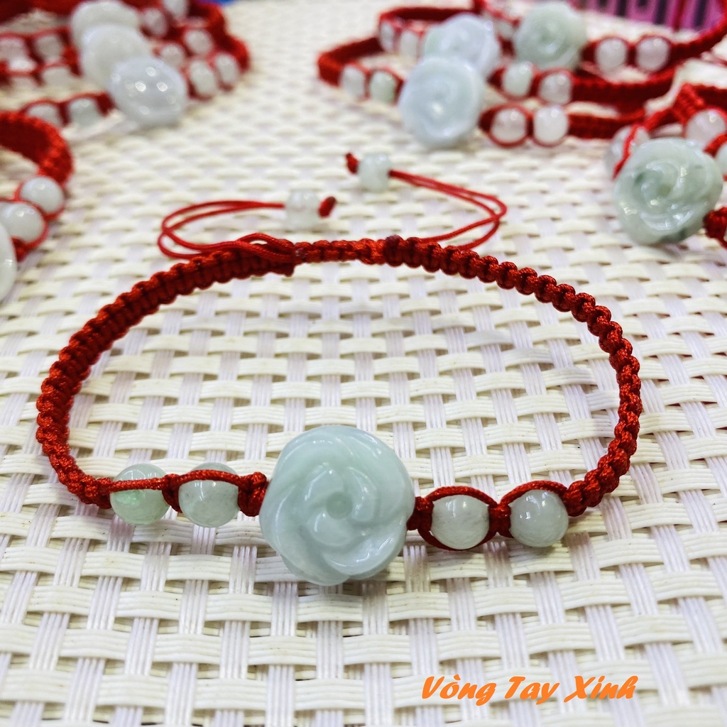 Vòng Tay Hoa Mẫu Đơn Ngọc Phỉ Thúy, Vòng Chỉ Đỏ mix Ngọc Phỉ Thúy