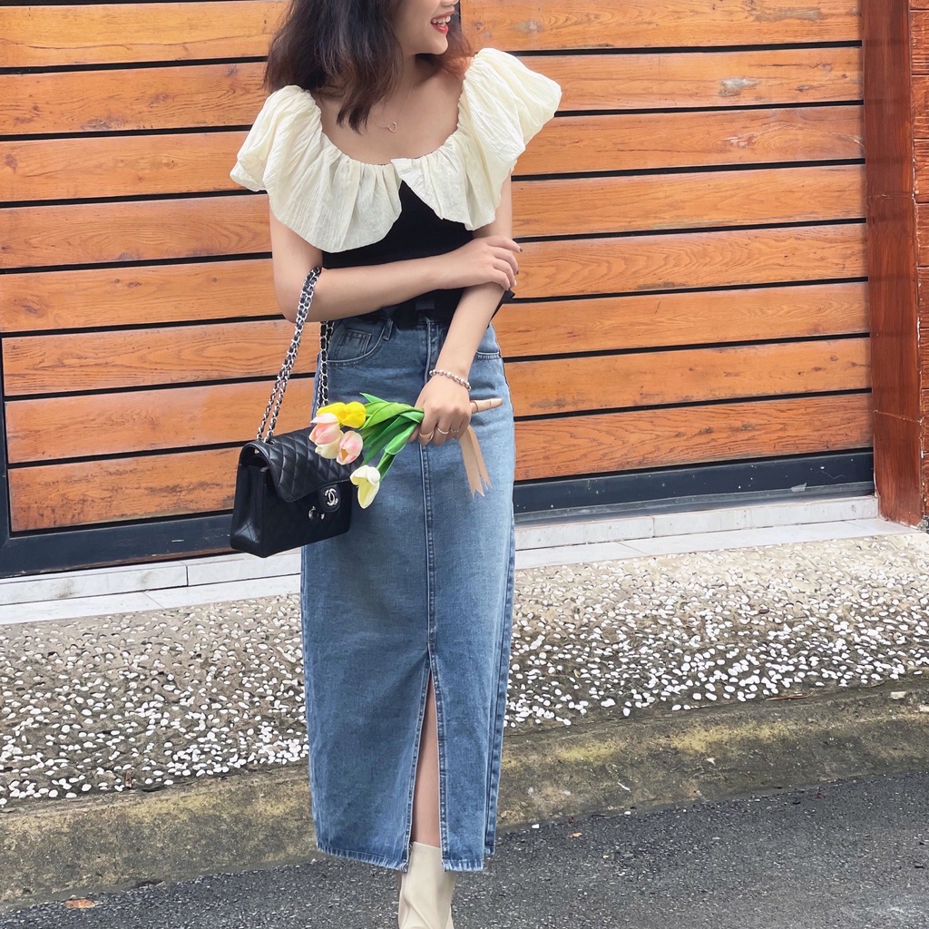 (HÀNG SẴN - HÌNH THẬT) Áo bẹt vai phối cổ voan xinh xắn - Áo croptop mặc được 2 kiểu