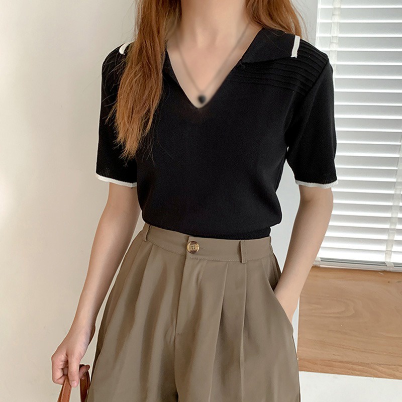 Áo Sweater Tay Ngắn Thiết Kế Đơn Giản Phong Cách Retro Cho Bạn Gái