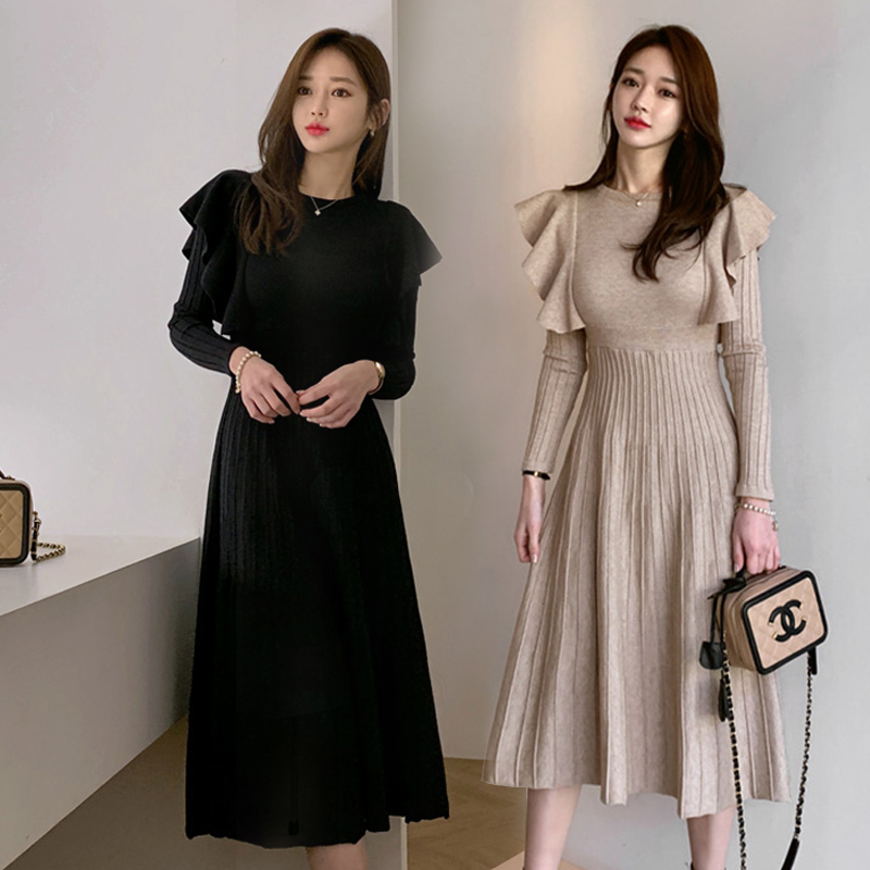 Đầm Dệt Kim Tay Dài Xếp Ly Đáng Yêu Cho Nữ Kiểu Hàn Quốc