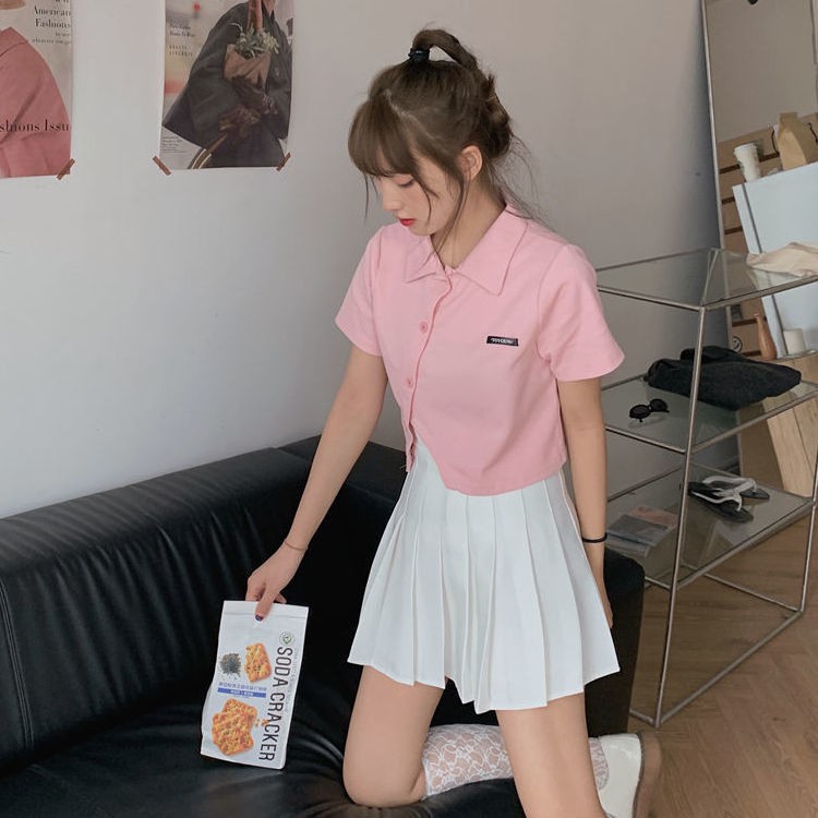 Ready Stock Pink Polo Collar T-Shirt Women + Pleated Skirt Set Short Summer Navel Slim and Thin Hong Kong Short Sleeve Top