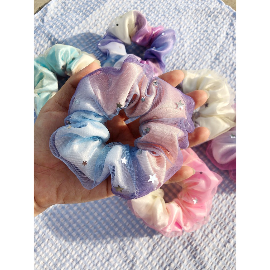 Cột tóc Scrunchies Galaxy, dây buộc tóc crunchies cầu vồng ngàn sao