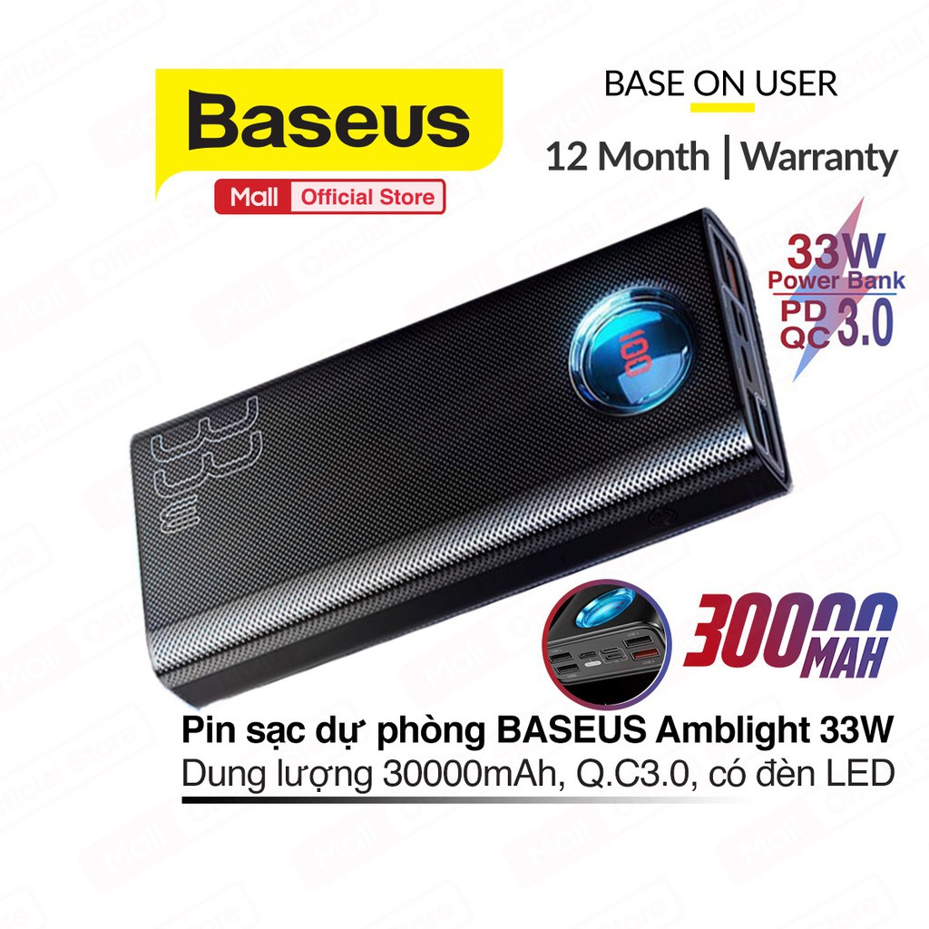 Pin Sạc Dự Phòng BASEUS AMBLIGHT Công suất cao 65W/ 33W /18W sạc nhanh PD+QC3.0 dung lượng Pin 2000mAh / 30000mAh có LED