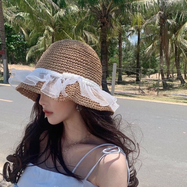 Mũ tai bèo đan cói rộng vành mỏng phối ren bèo đính ngọc trai chống nắng thời trang đi biển mùa hè thoáng mát cho nữ