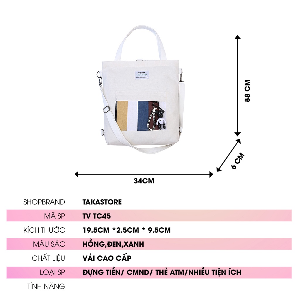 Túi vải bố canvas tote đựng đồ quần áo đeo vai thời trang nhỏ giá rẻ kèm theo con gấu TVCC45