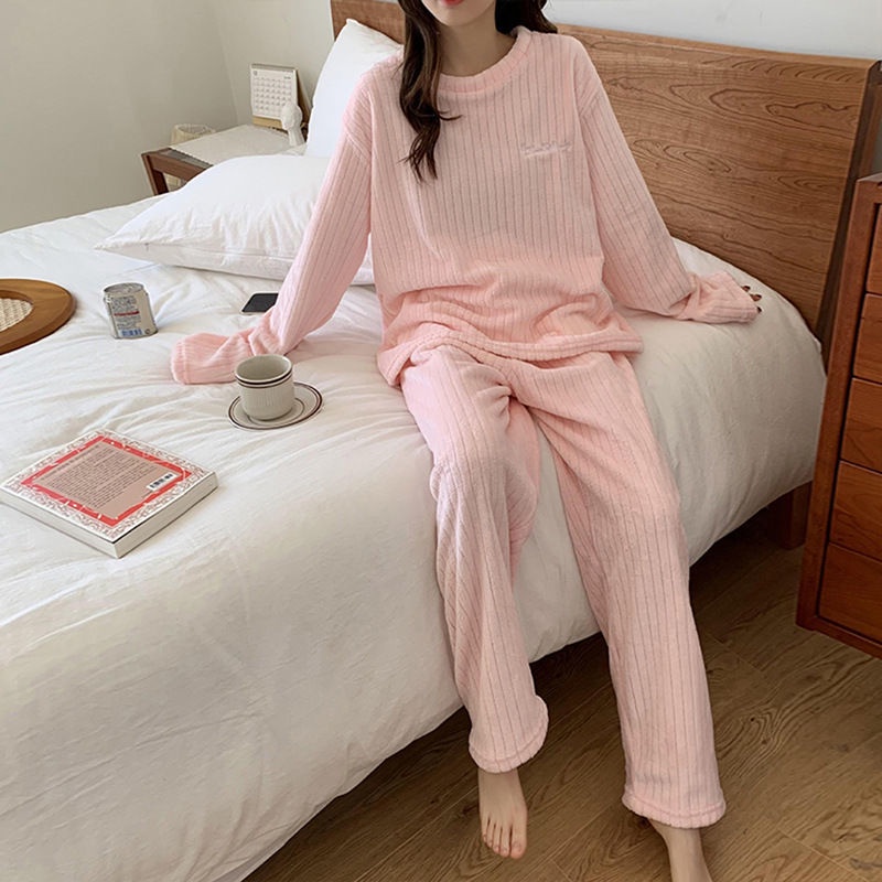 Quần dày sọc ấm áp mặc nhà pyjama san hô lông cừu phù hợp với phụ nữX