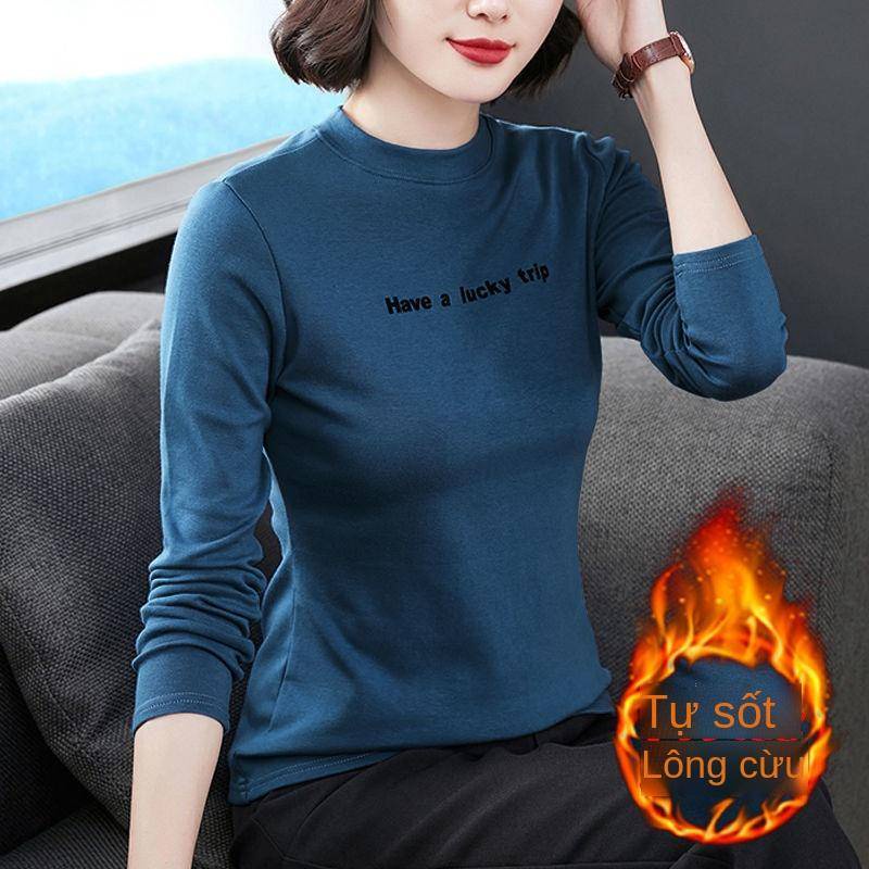 Áo thun tay dài dáng rộng vải nhung thời trang cho phụ nữ trung niên