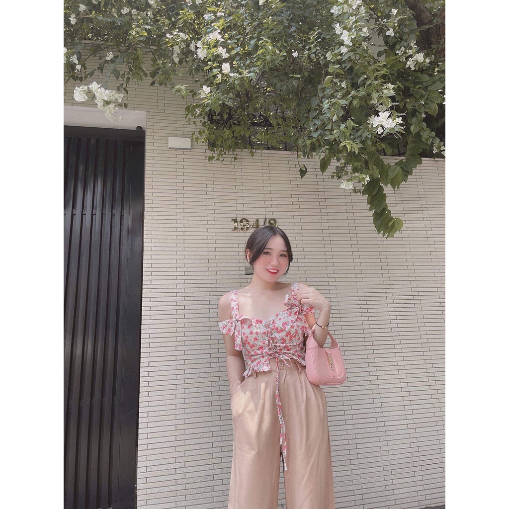 Set áo hoa nhí 2 dây rút ngực mix quần ống rộng DN288