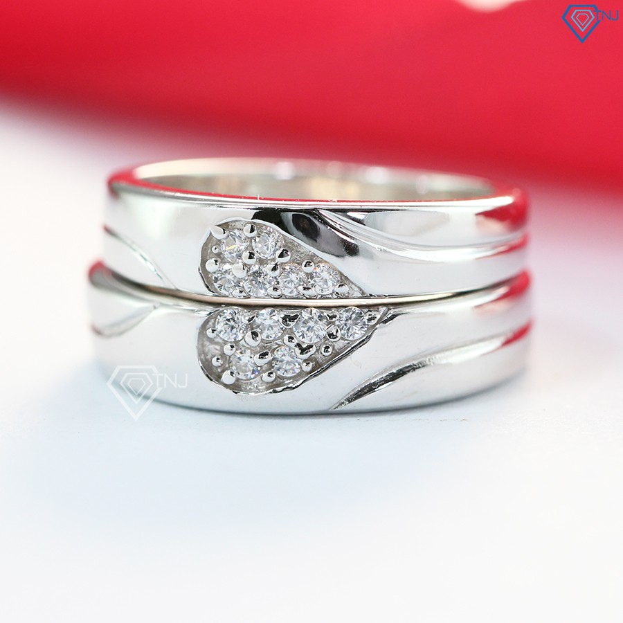 Nhẫn đôi bạc, nhẫn cặp bạc đẹp giá rẻ hình trái tim ghép đính đá tinh tế ND0019