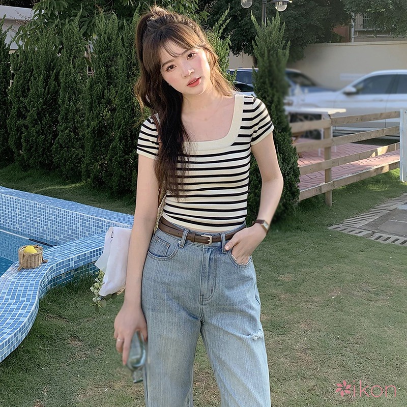 Áo Thun Dệt Kim Kẻ Sọc Dáng Ôm Thời Trang Cho Nữ