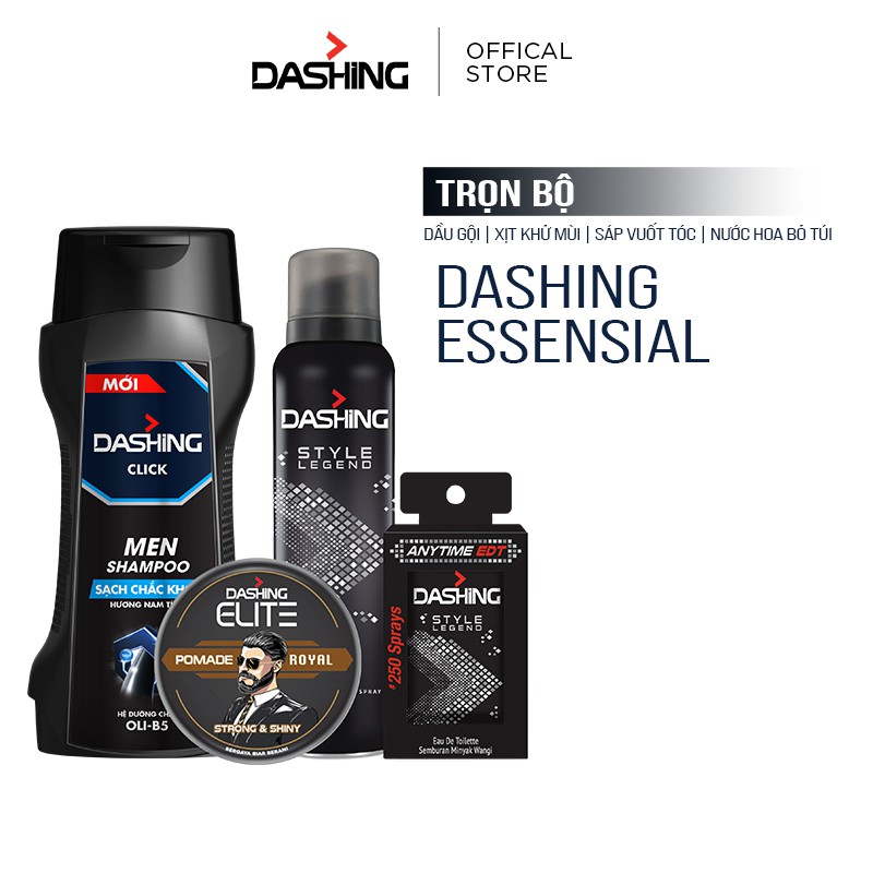 Trọn bộ Dashing: Dầu gội Click 180g &amp; Xịt khử mùi Style Legend 125ml &amp;Nước hoa Style Legend 18ml &amp;Sáp vuốt tóc Royal 75g