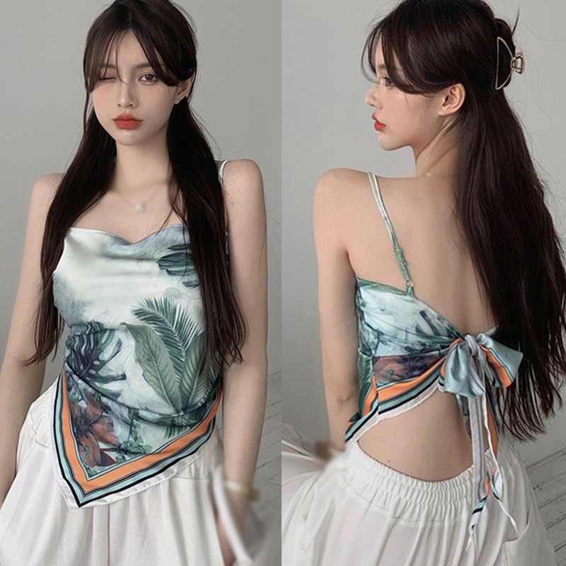 Áo Croptop Hai Dây Hở Lưng In Họa Tiết Xinh Xắn Cổ Điển Dành Cho Nữ