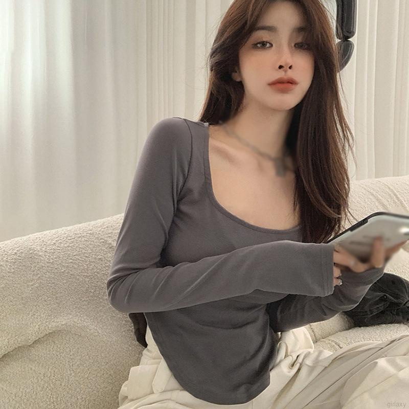 Áo Thun Tay Dài Cổ Thấp Màu Sắc Đơn Giản Phong Cách Hàn Quốc Thời Trang Cho Nữ