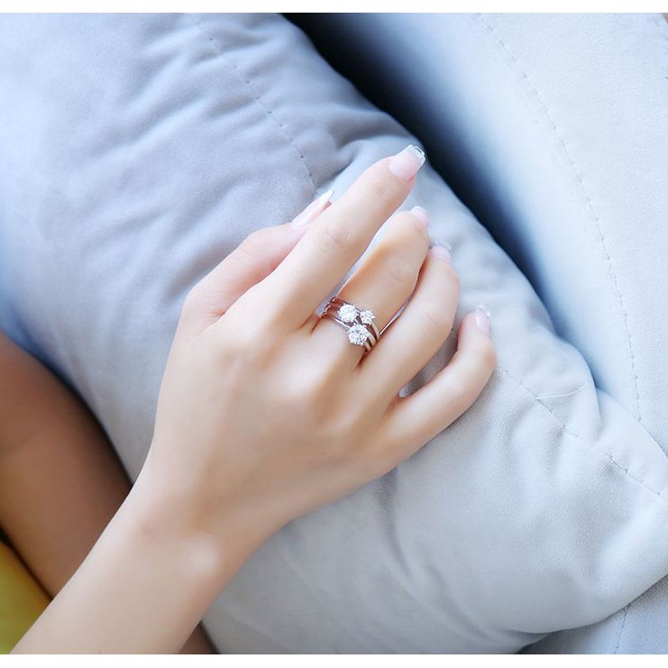 Nhẫn Bạc Sterling 100% S925 Sáu Góc Hình Trái Tim Và 8 Mũi Tên Màu Sắc Cổ Điển