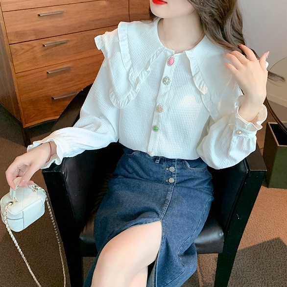 【ZHELIHANGFEI】Áo Sơ Mi Tay Dài Cổ Búp Bê Phong Cách Phương Tây