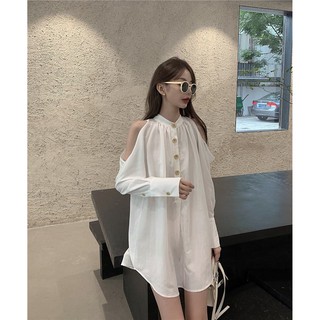 Váy Suông Kiểu Sơ Mi Khoét Tay Nút Gỗ (TRẮNG)