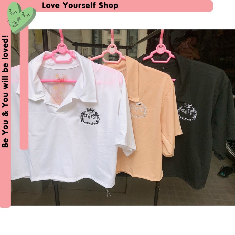 [Có ảnh thật] Áo croptop cổ bẻ in logo cute | BigBuy360 - bigbuy360.vn