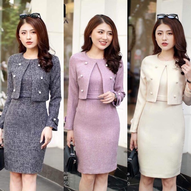 Set đầm ôm áo khoác lửng 4 cúc UNAA