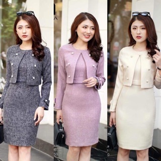 Set đầm ôm áo khoác lửng 4 cúc UNAA