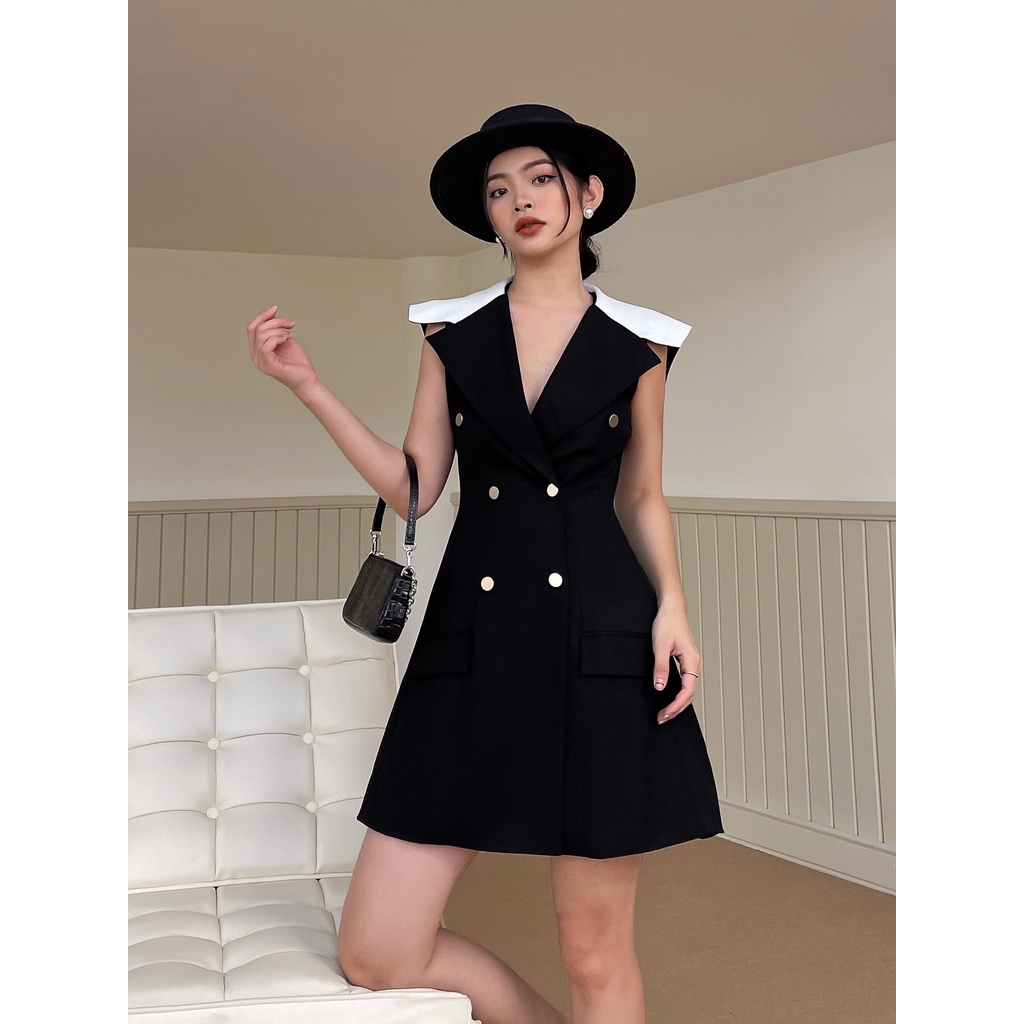 Đầm vest sát nách phối cổ trắng , Peace House Clothing